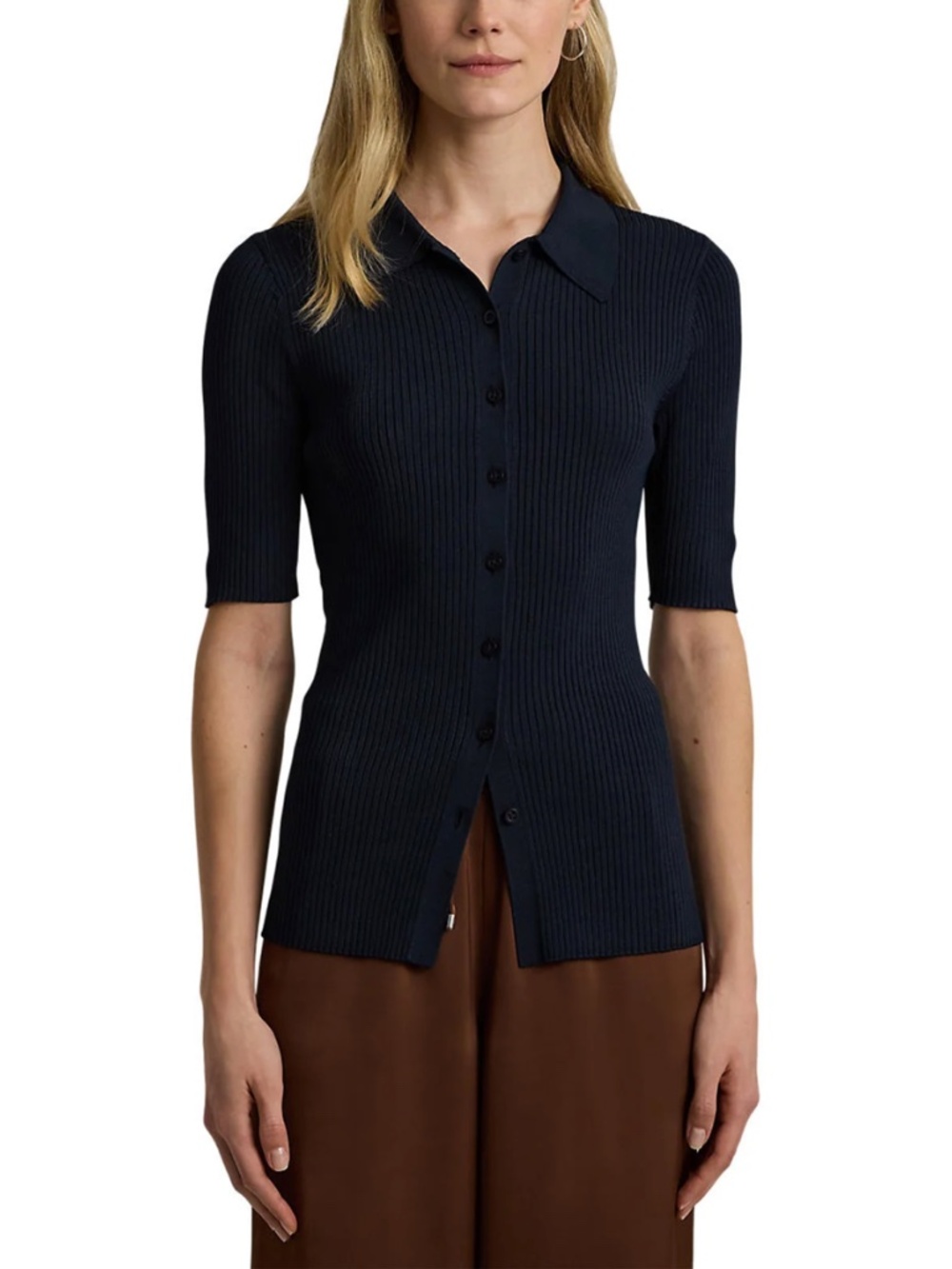 NWOT Ralph Lauren Rib-Knit Elbow-Sleeve Polo Cardigan Navy Blue Size Medium